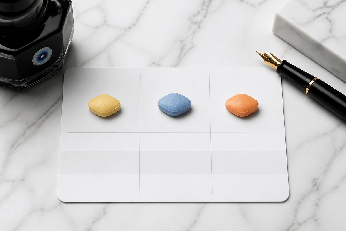 Cialis 2.5 daily, Viagra 25, and Levitra 20 on a matrix