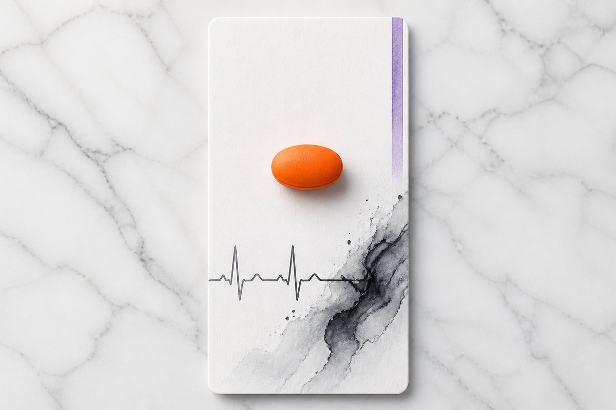 A 20 mg vardenafil tablet beside a QT tick